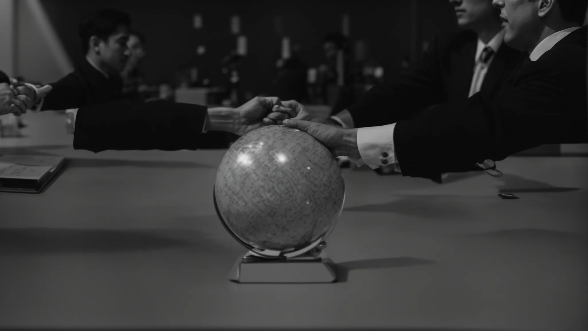 two professionals shake hands across a table with a globe in the background, symbolizing international trade agreements.