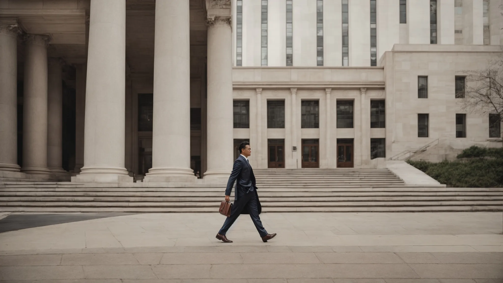 a plaintiff confidently strides towards an imposing courthouse, signifying the beginning of a legal challenge.