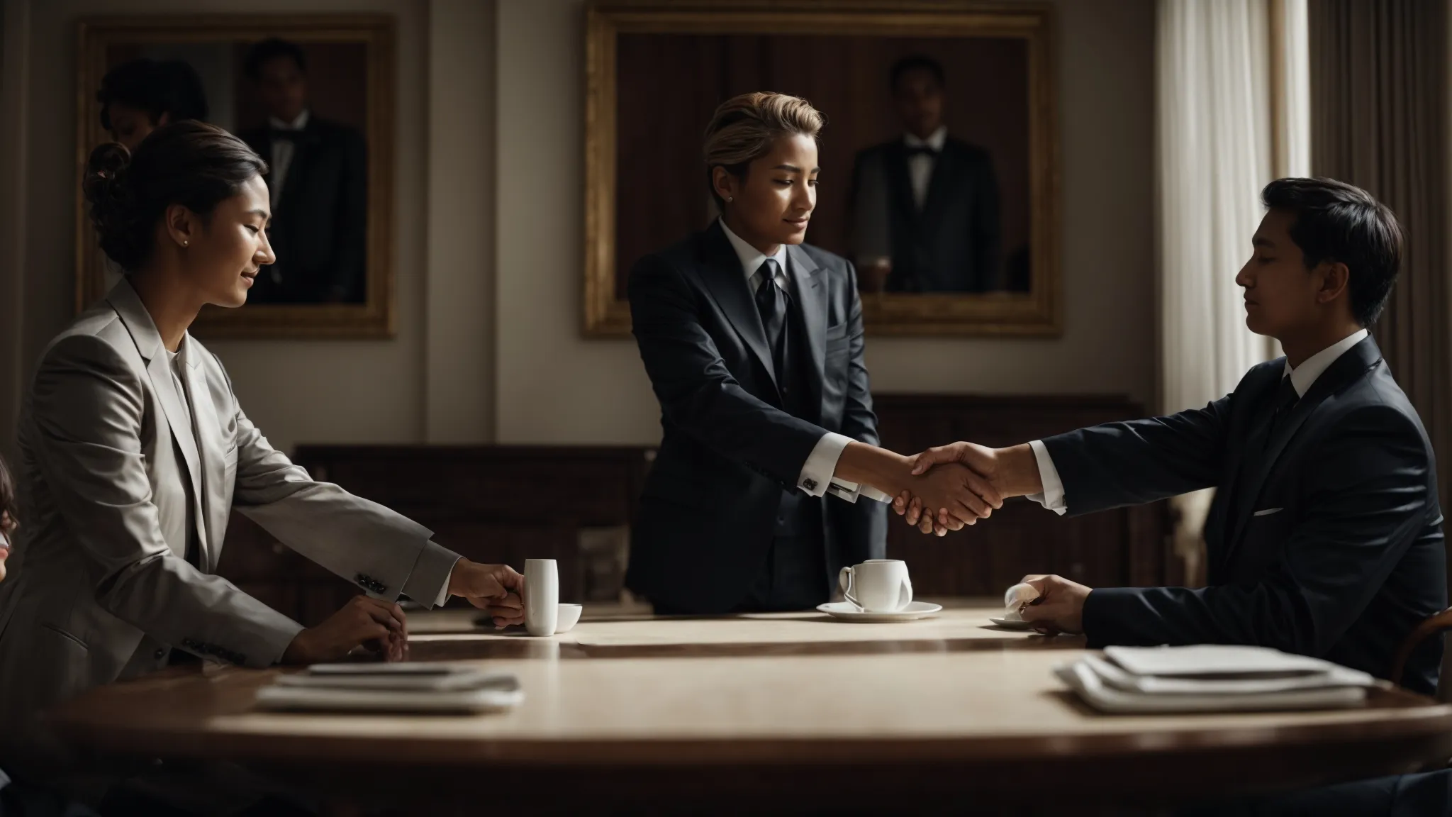 two people in formal attire are shaking hands across a table while a third observes, symbolizing agreement and witness to a contract.