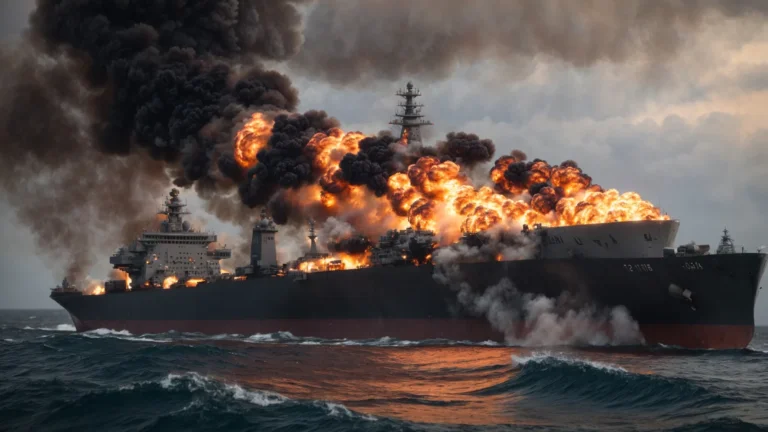 a cargo ship is engulfed in flames after being hit by a missile in the strategic strait, with warships approaching in the distance.