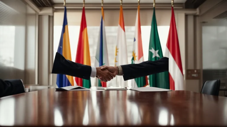 two business professionals shaking hands across a table with legal documents and flags of different nations in the background.