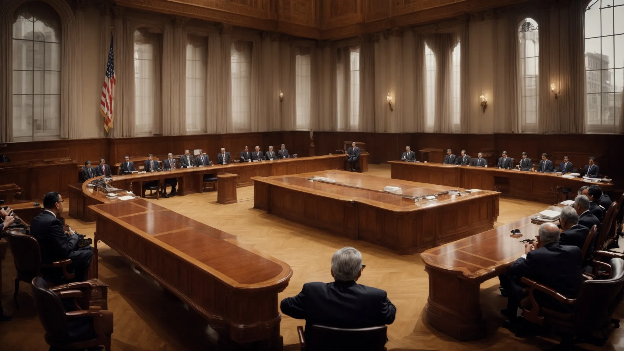 a grand courtroom with a diverse panel of judges and a large world map depicting global jurisdictions.