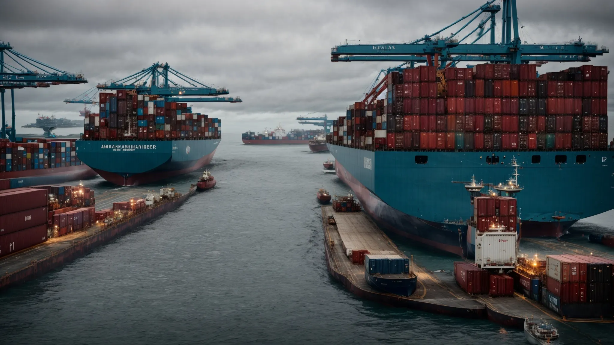 container ships lie anchored in a congested sea port, with no visible crew or disruption, under a heavy, overcast sky.