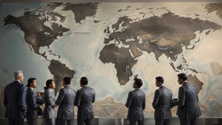 a diverse group of corporate executives gather around a global map, contemplating strategic locations for expansion.