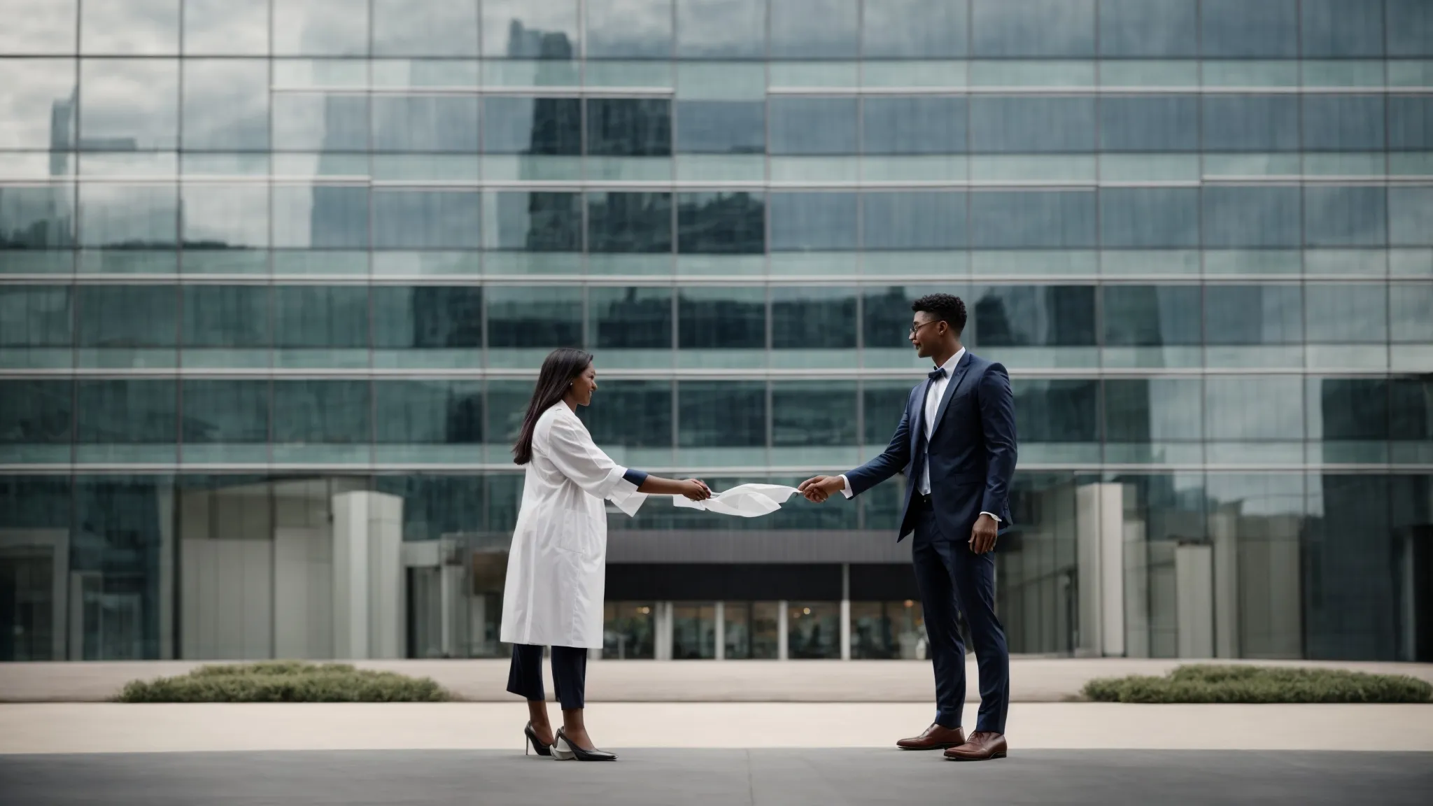 two professionals shaking hands in front of a modern office building, symbolizing a successful agreement.