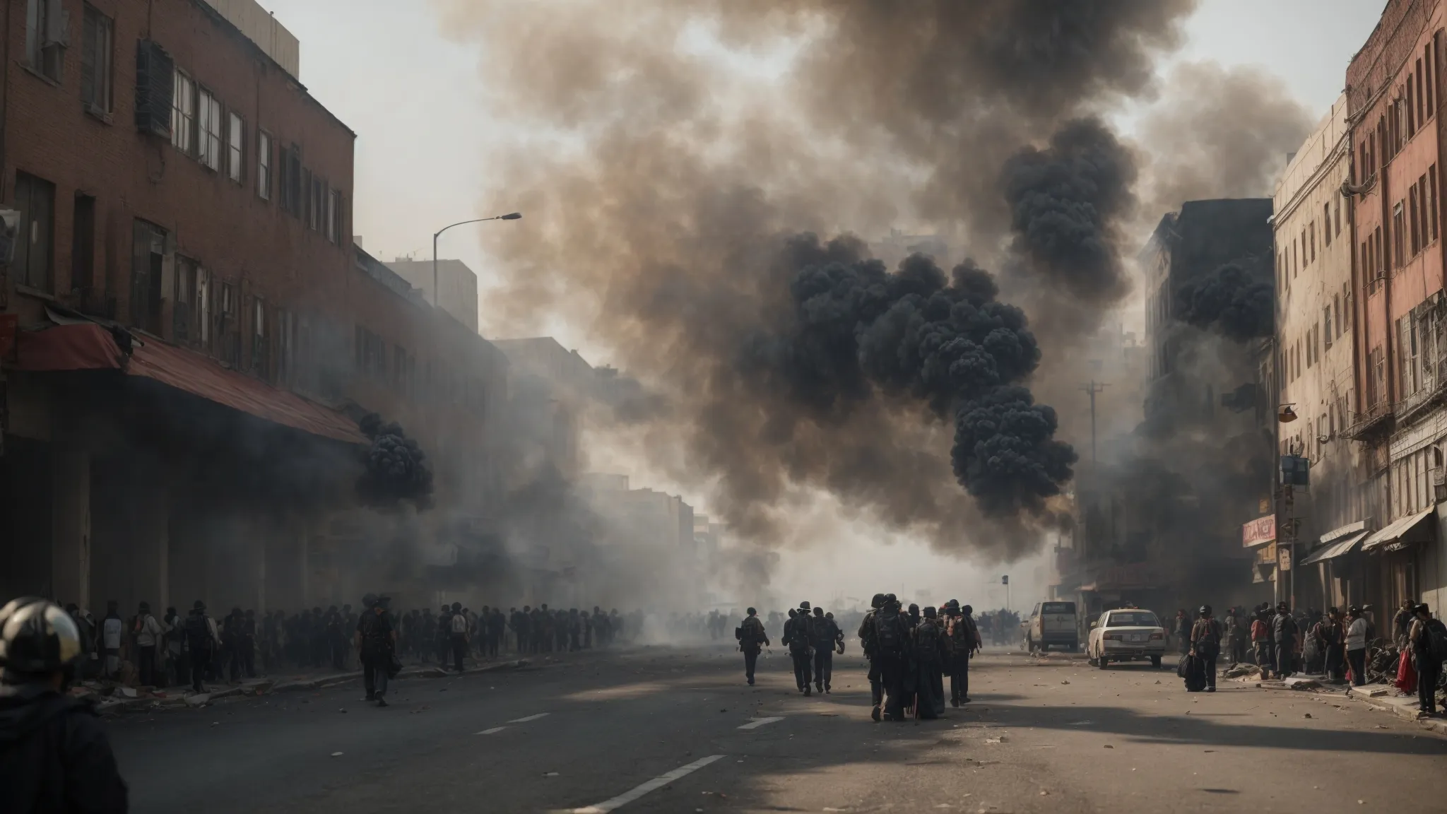 smoke plumes rise over a city as civilians flee amidst the chaos of civil unrest.