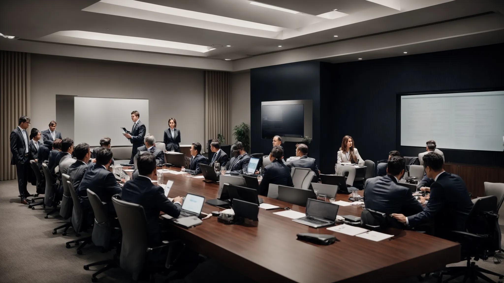 a conference room with a large table where business professionals are gathered, reviewing documents and using laptops, focused on compliance and regulation strategies.