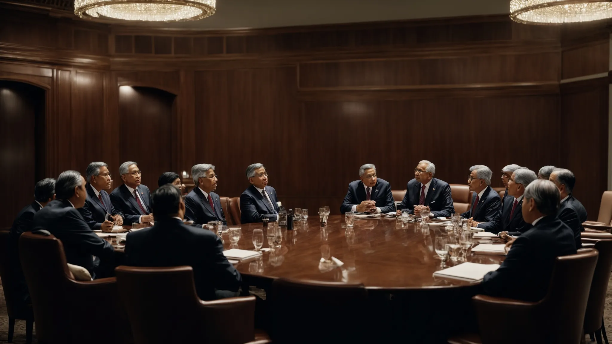 a group of dignitaries seated around a large table, earnestly discussing in a high-profile international meeting.