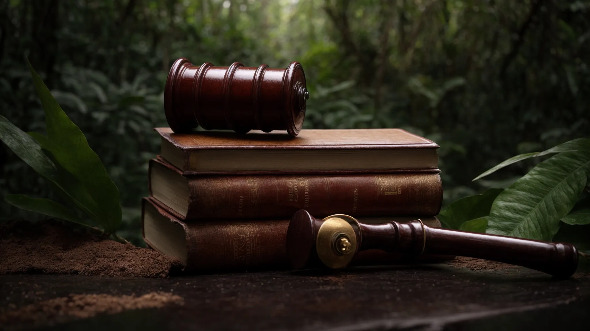 a widescreen image depicting a gavel on a law book and an oil barrel against a backdrop of the dense ecuadorian amazon rainforest.