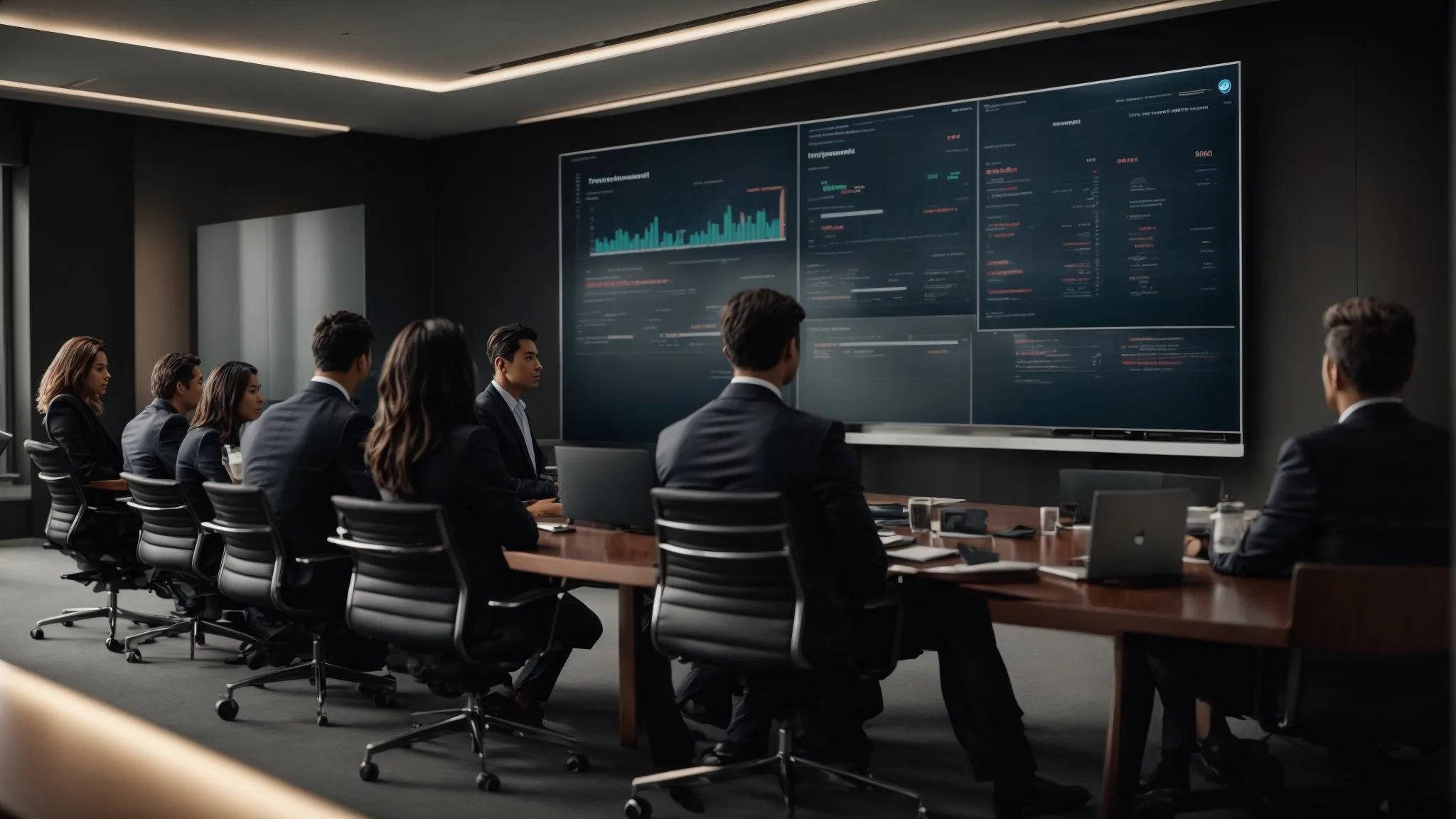 a conference room with a large screen displaying a compliance software dashboard while professionals discuss strategies.