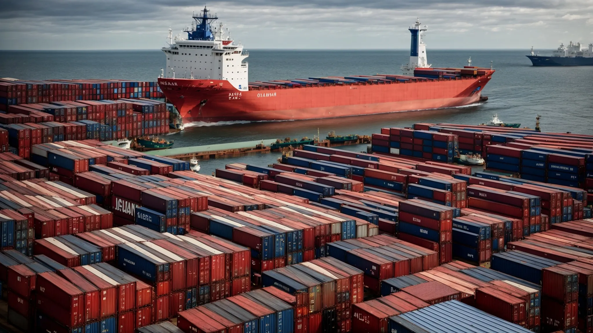 a cargo ship loaded with containers navigates through a bustling port, reflecting the dynamic process of international logistics and trade.