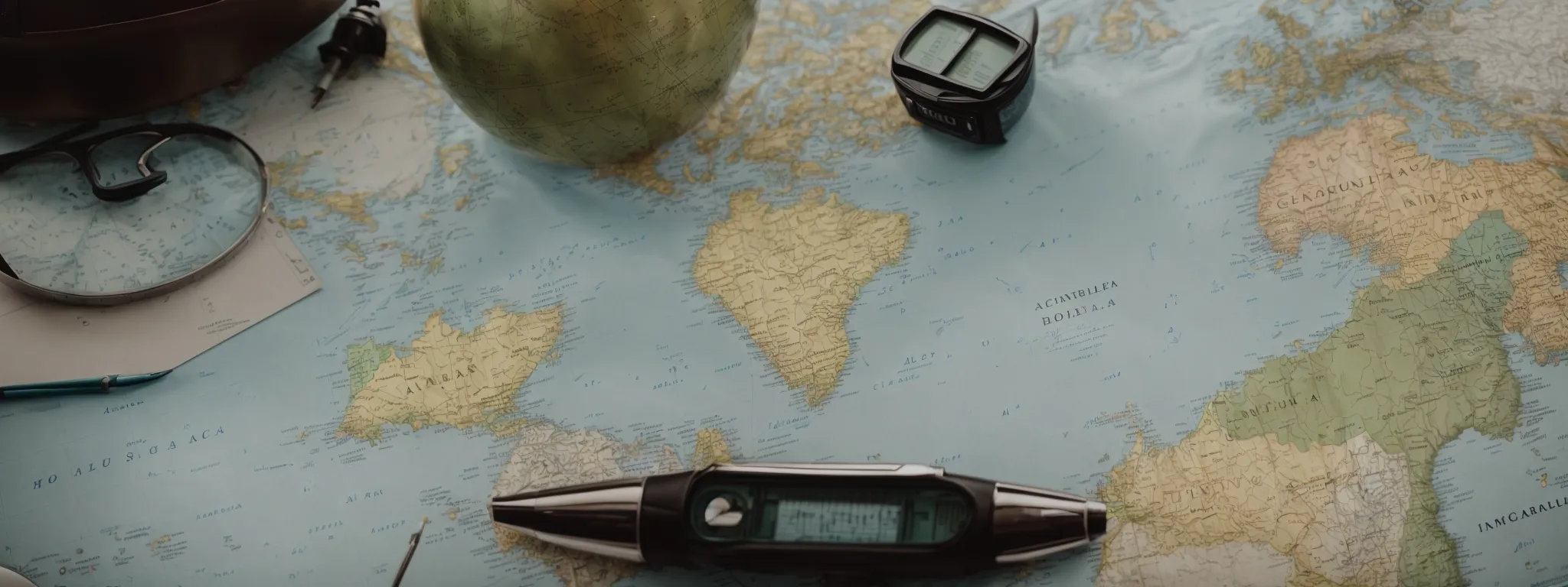 a globe, a compass, and regional maps spread across a table with strategic tools like pens and a calculator.