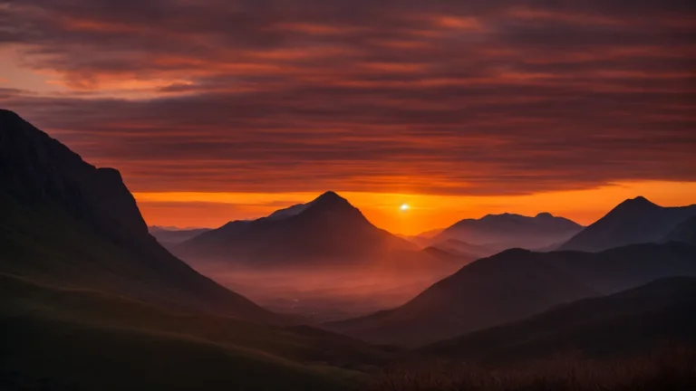 a majestic sunset casting warm hues over a tranquil mountain range.