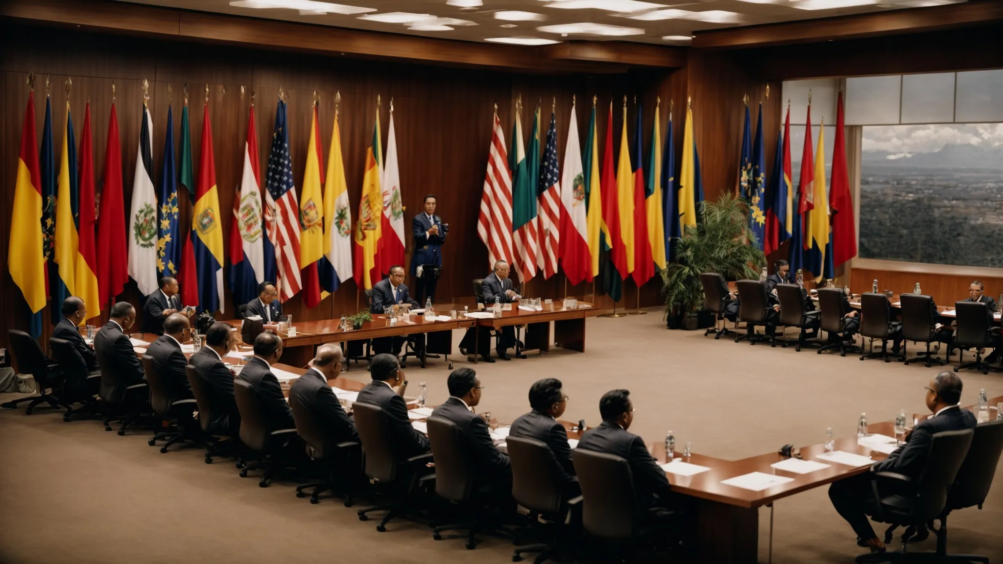 ambassadors from various countries gather in a conference room where flags and seating arrangements indicate an international meeting focused on the crisis in ecuador. Ecuador Armed Conflict Investors
