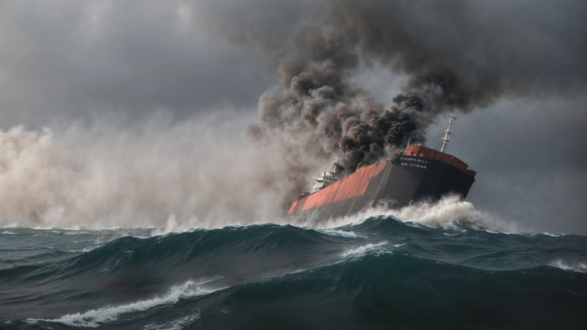 a damaged cargo ship adrift with smoke rising against a backdrop of turbulent sea waters.