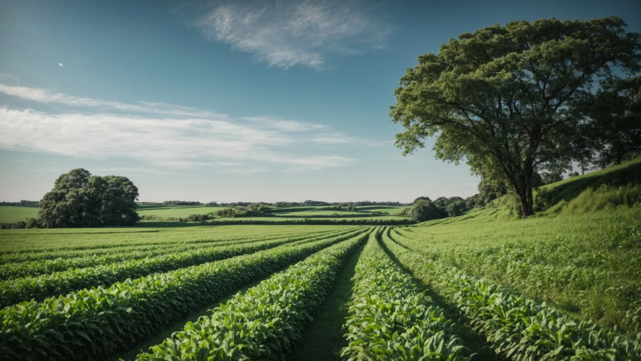 fields of lush green crops stretch towards the horizon under a clear blue sky.