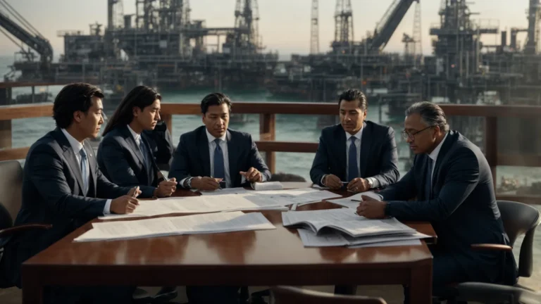 a group of professionals gathers around a conference table, pointing to documents and discussing strategies, with a backdrop of oil rigs in operation.