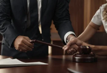 two professionals shake hands across a table with legal documents and a gavel nearby in dispute resolution.
