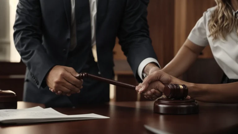 two professionals shake hands across a table with legal documents and a gavel nearby in dispute resolution.