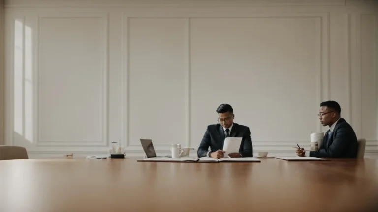 two professionals sit across from each other at a minimalist conference table, engaged in a focused discussion with a thick legal book open between them.