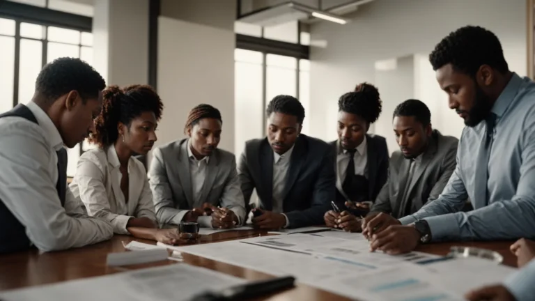 a diverse group of professionals gathered around a table, examining charts and discussing strategies for business expansion.