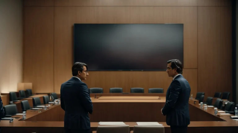 two attorneys stand before an arbitration panel, discussing a complex international investment case.