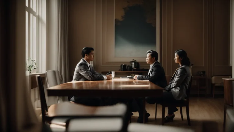 two individuals sit at a table, facing each other with a neutral mediator present, amidst a serene, professional setting.