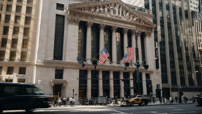 a broad view of the new york stock exchange building under a clear sky.