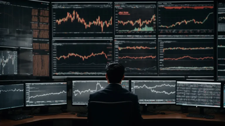 a person intensely scrutinizes multiple computer screens filled with stock market charts.
