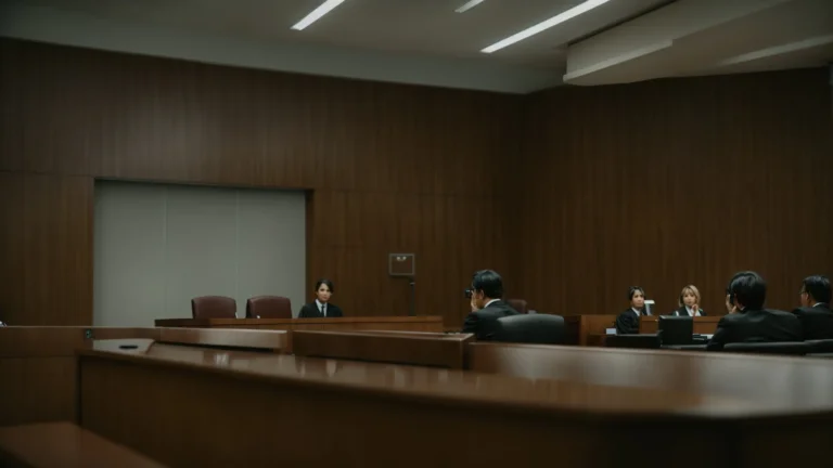 a courtroom with two people sitting at opposite tables, facing a judge.