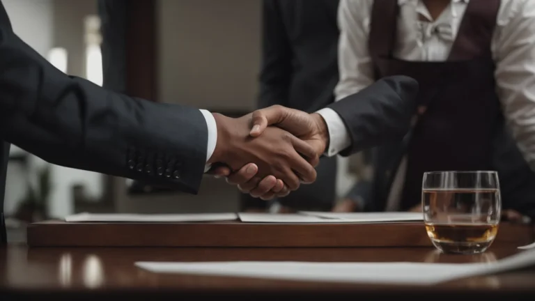 two business professionals shaking hands over a table with a signed contract between them.