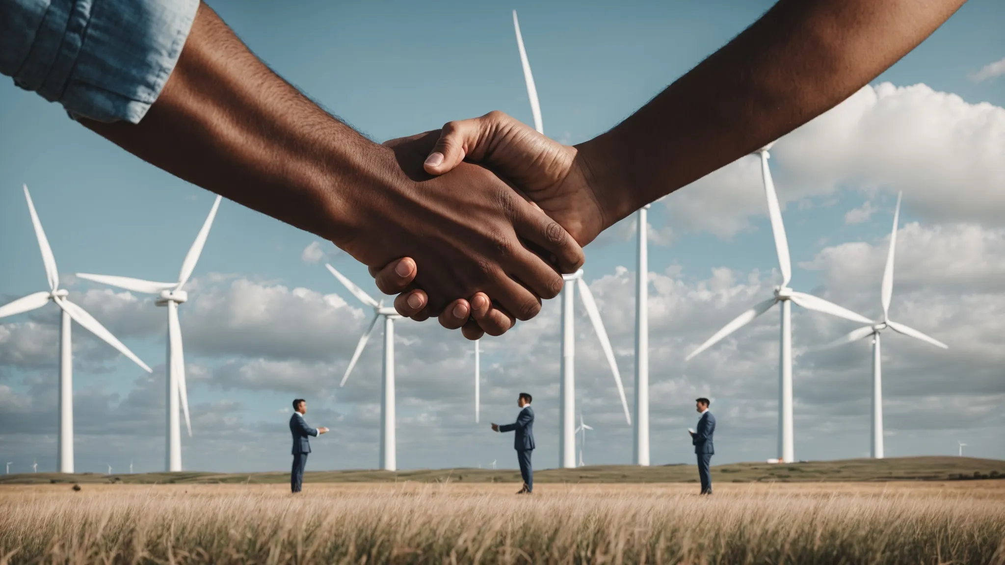 a lawyer and a client shake hands in front of a towering wind farm under a clear blue sky.