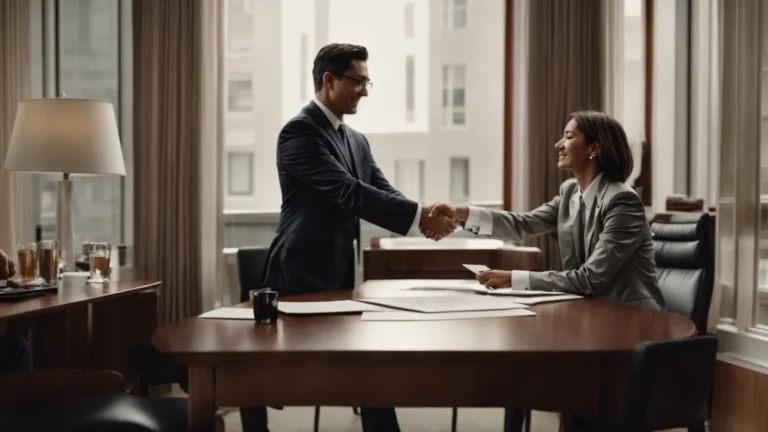 two business professionals shaking hands across a table with a contract document in front of them.