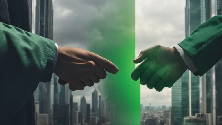 a split image showing half as a polluted, gray industrial landscape and the other half as green, vibrant investors shaking hands amidst skyscrapers.