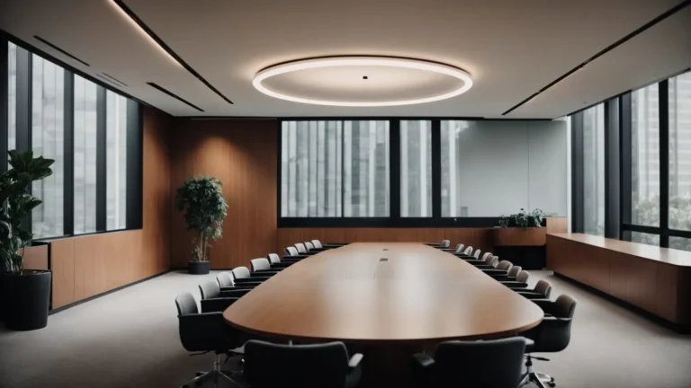 a sleek, modern conference room with a large round table, equipped for an international meeting.