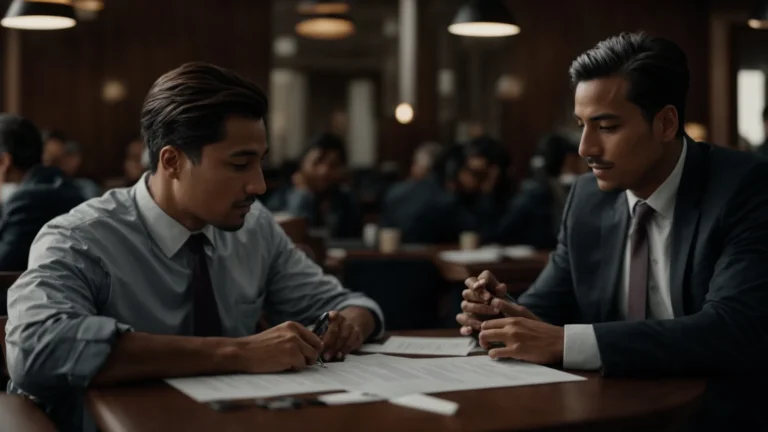 two professionals sit across from each other at a table, one explaining a plan with a confident gesture while the other listens attentively.