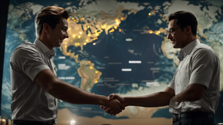 two professionals shaking hands in front of a global map illuminated in the background.