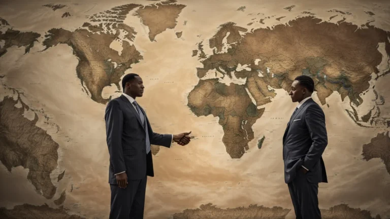 two lawyers shake hands in front of a global map, symbolizing international arbitration.