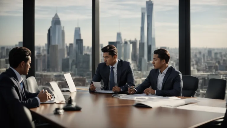 a confident businessperson discusses a document with a team around a modern conference table with a city skyline in the background.
