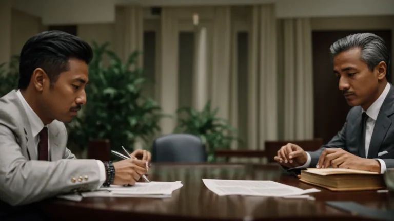 two diplomats sitting at a table, negotiating with documents in front of them.