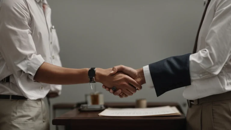 two business partners are shaking hands over a table with a formal document and a pen resting on the table.