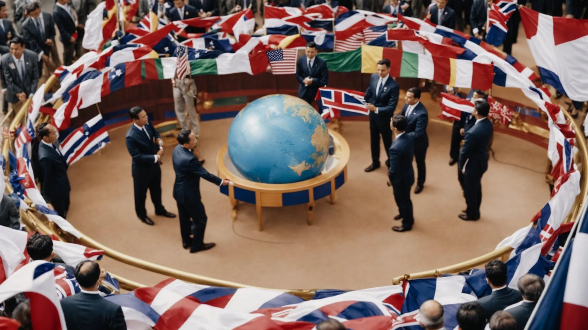 a globe surrounded by various flags, with individuals in business attire shaking hands in agreement in front of it.