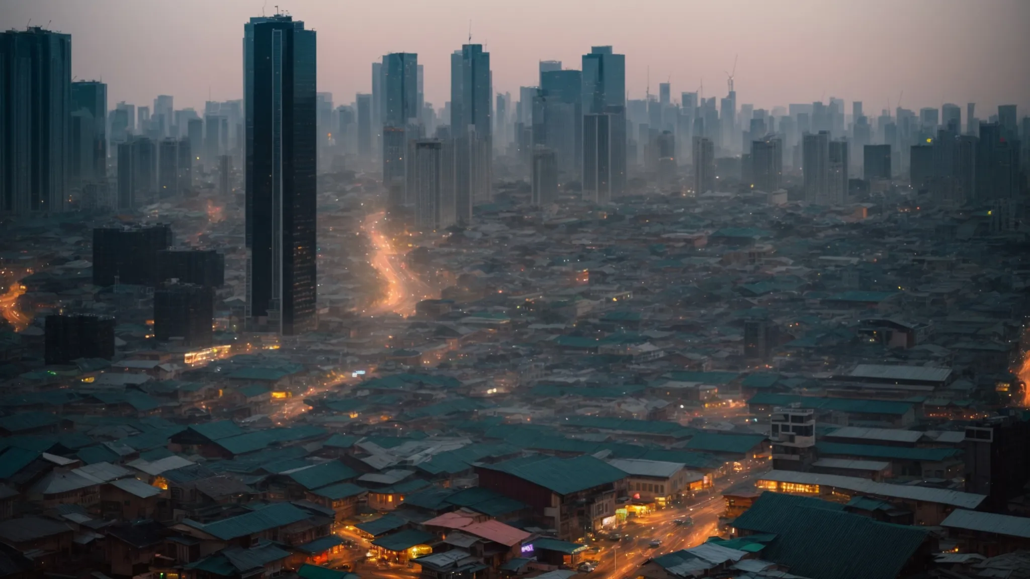 gleaming skyscrapers dwarfing traditional markets in a bustling cityscape at dawn.