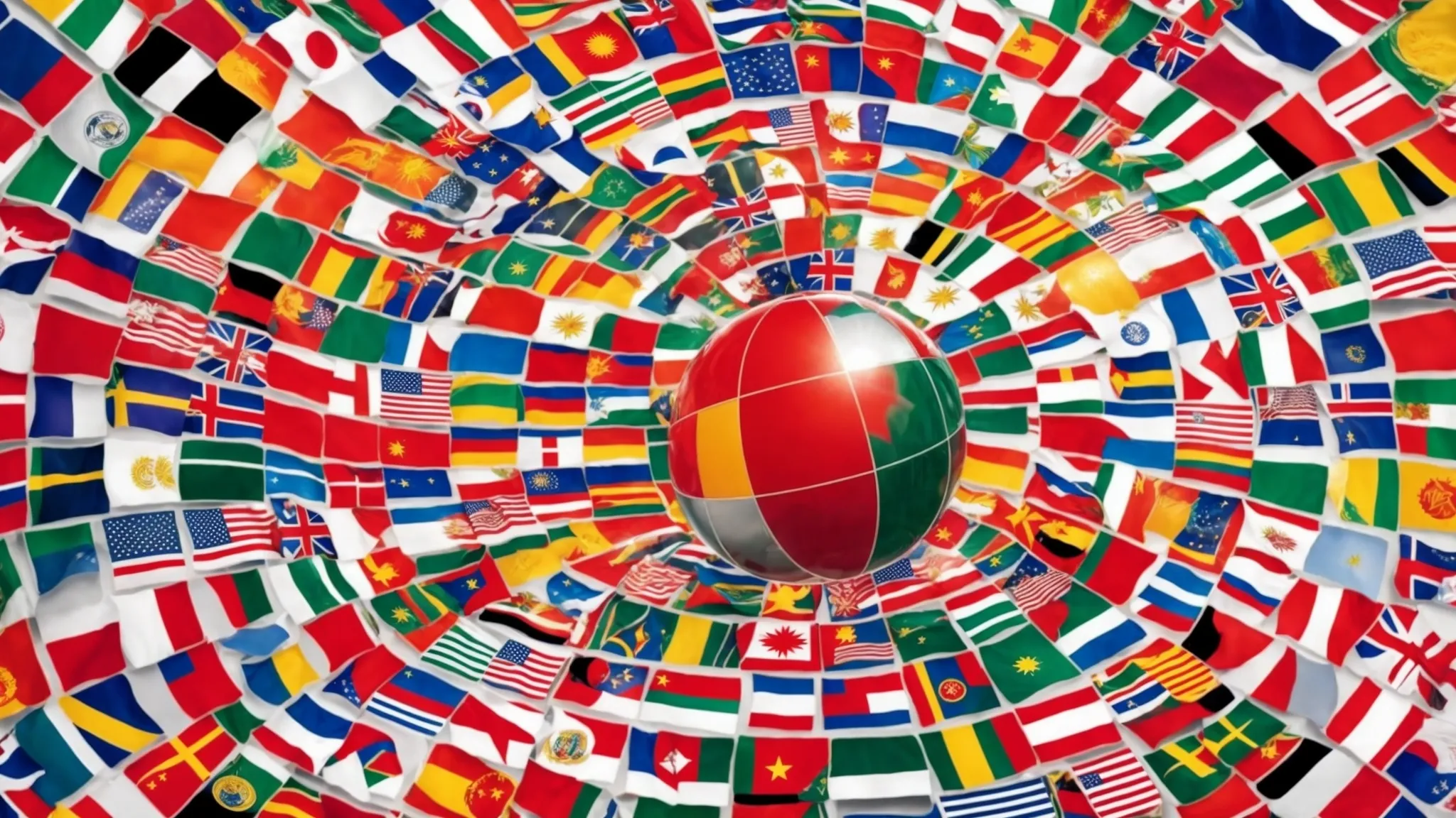 a globe surrounded by diverse flags, illustrating nations coming together under an umbrella of mutual trade agreements and investment opportunities.