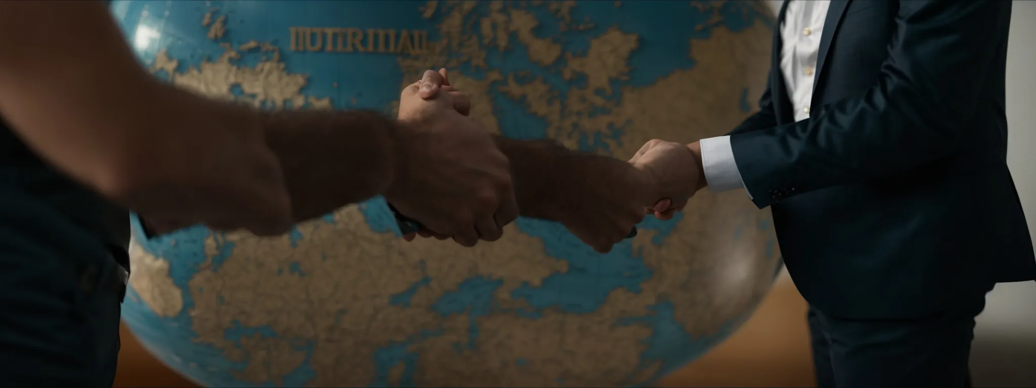 two business professionals shaking hands in front of a globe, symbolizing an international investment agreement.