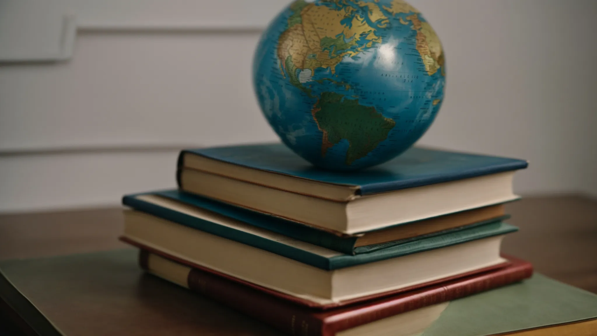 Stack of thick books on a desk with a globe, symbolizing global investment treaty dynamics and Ecuador's leadership in sustainable development and treaty reforms.