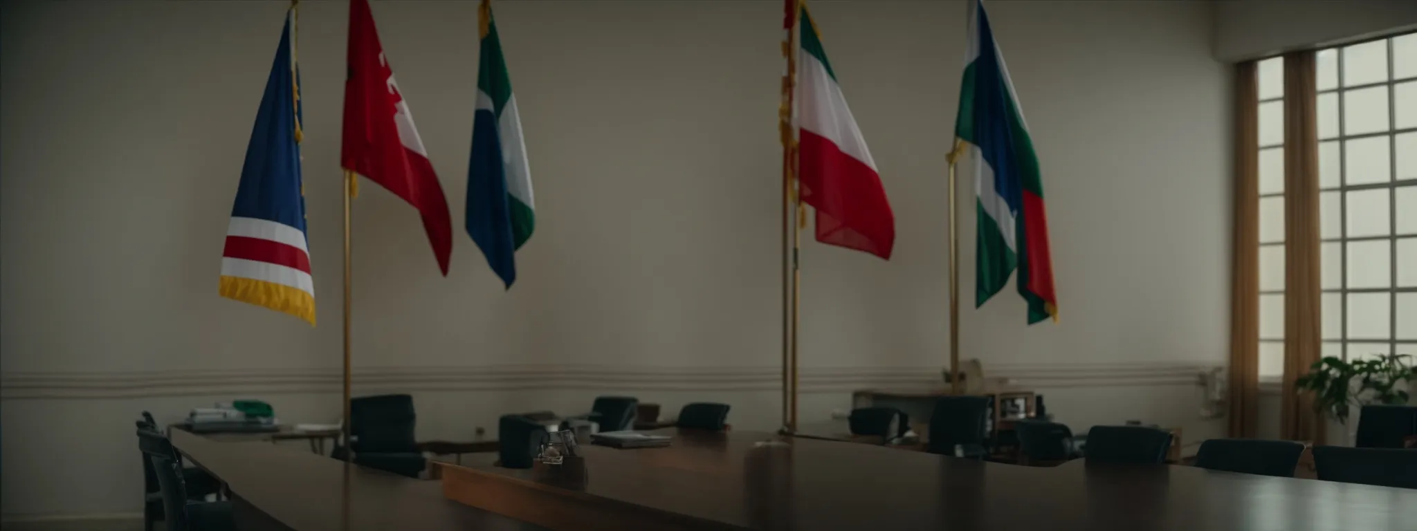 two flags of different nations hang side by side in a quiet, dignified room, symbolizing international cooperation.