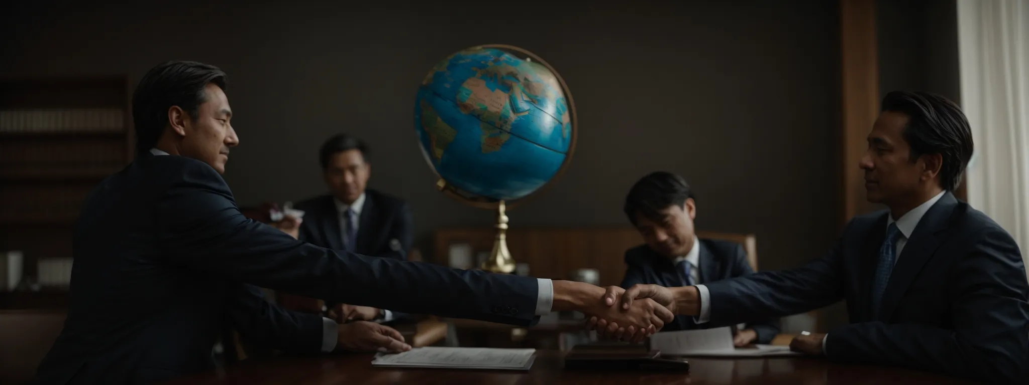 a businessman and a local partner shaking hands across a table with a globe and legal documents in the background, symbolizing a cross-border partnership in an emerging market.