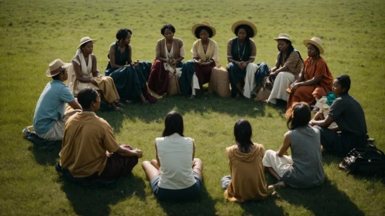 a globe surrounded by diverse people sitting in a circle on a grassy field, eyes closed in peaceful meditation under a clear sky.