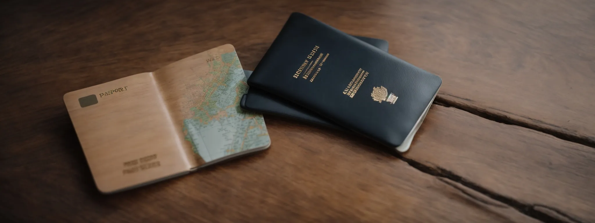 two passports from different countries resting side by side on a wooden table.